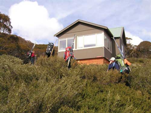 Four people carrying skis, walking up to Illawong Lodge in the summer